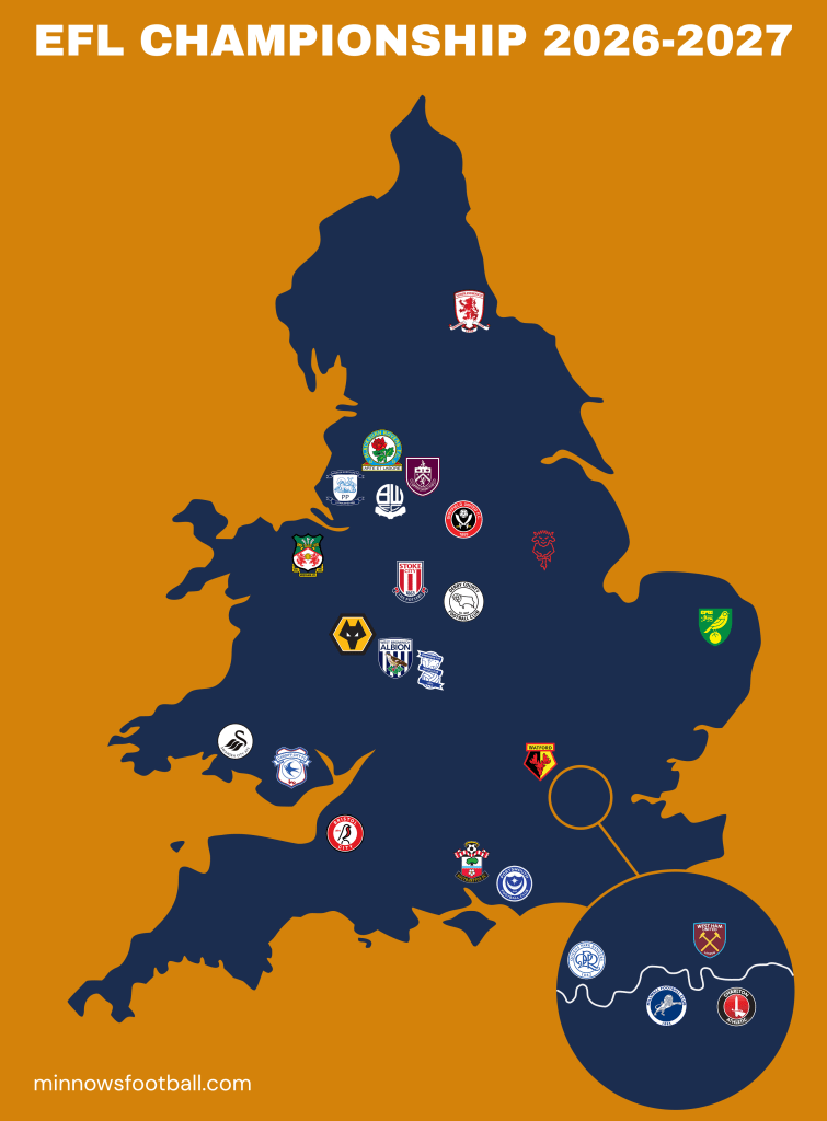 Map of EFL Championship 2026-27 clubs plotted across England and Wales, with club crests showing geographic locations. London inset highlights QPR, West Ham, Millwall, and Charlton Athletic. Published by MinnowsFootball.com.